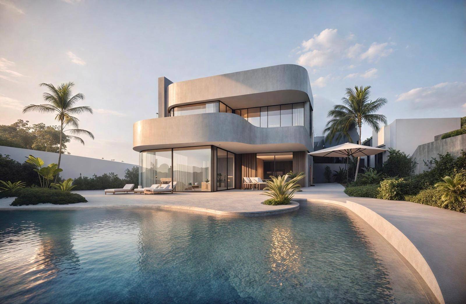 Elegante moderne Villa mit weitläufigem Poolbereich und sonniger Terrasse unter blauem Himmel.