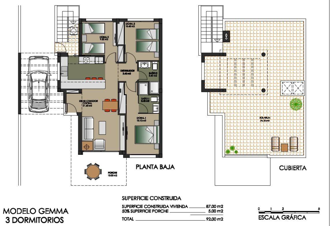 Grundriss des Erdgeschosses und der Dachterrasse mit drei Schlafzimmern und Garage.
