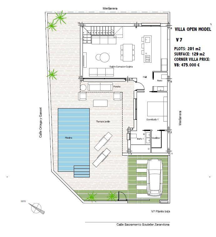 Grundriss des Erdgeschosses mit offenem Wohnbereich, Pool und Terrasse.