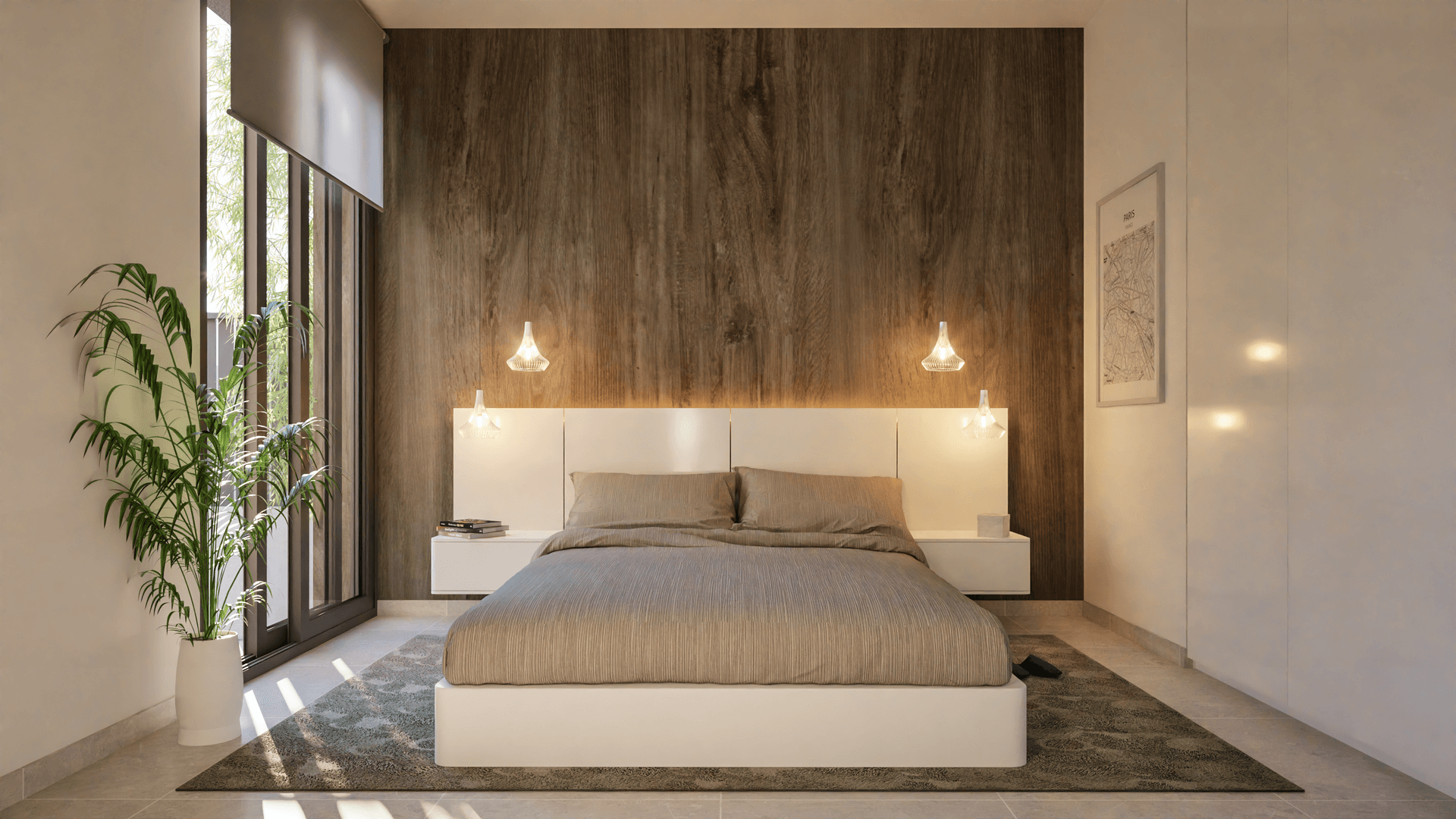 Schlafzimmer mit Holzwand, großem Bett und minimalistischer Einrichtung.