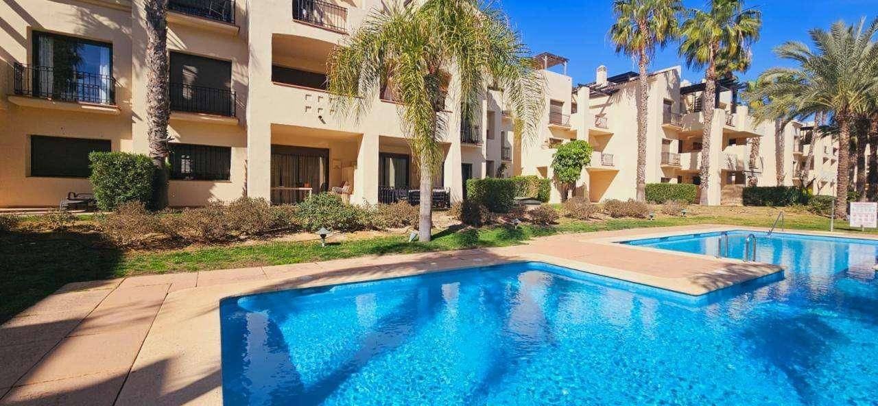 Ansicht des Wohnkomplexes mit einem Teil des Pools und vielen Palmen an einem sonnigen Tag.