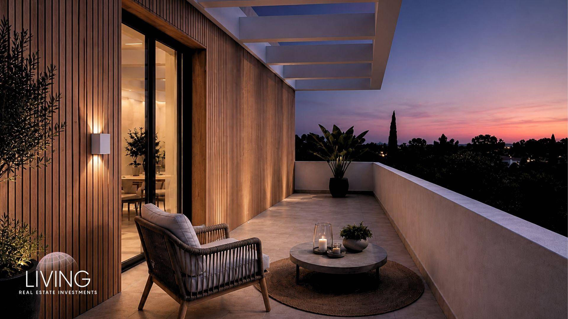Gemütlicher Balkon am Abend mit stimmungsvoller Beleuchtung und Blick in die Ferne.