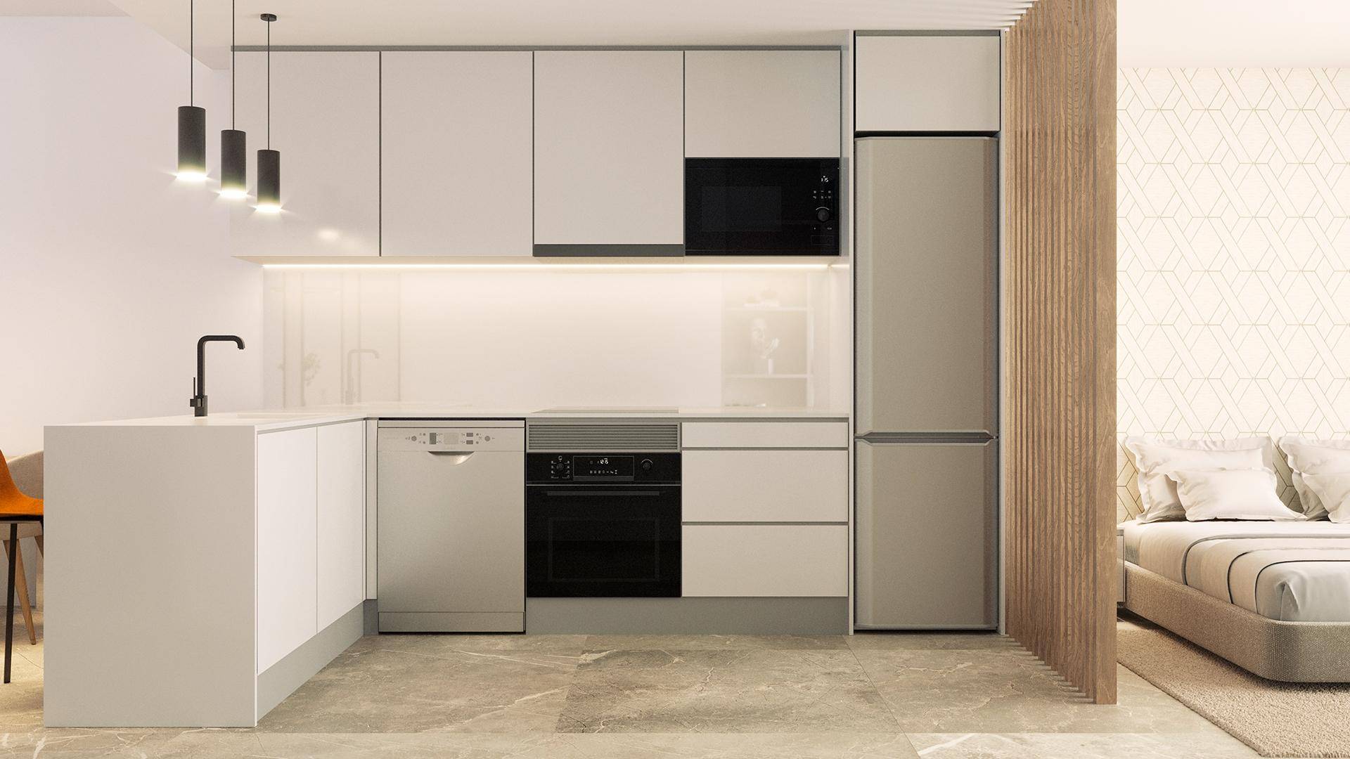 Helle moderne Küche mit integrierten Geräten und offenem Übergang zum Schlafzimmer.