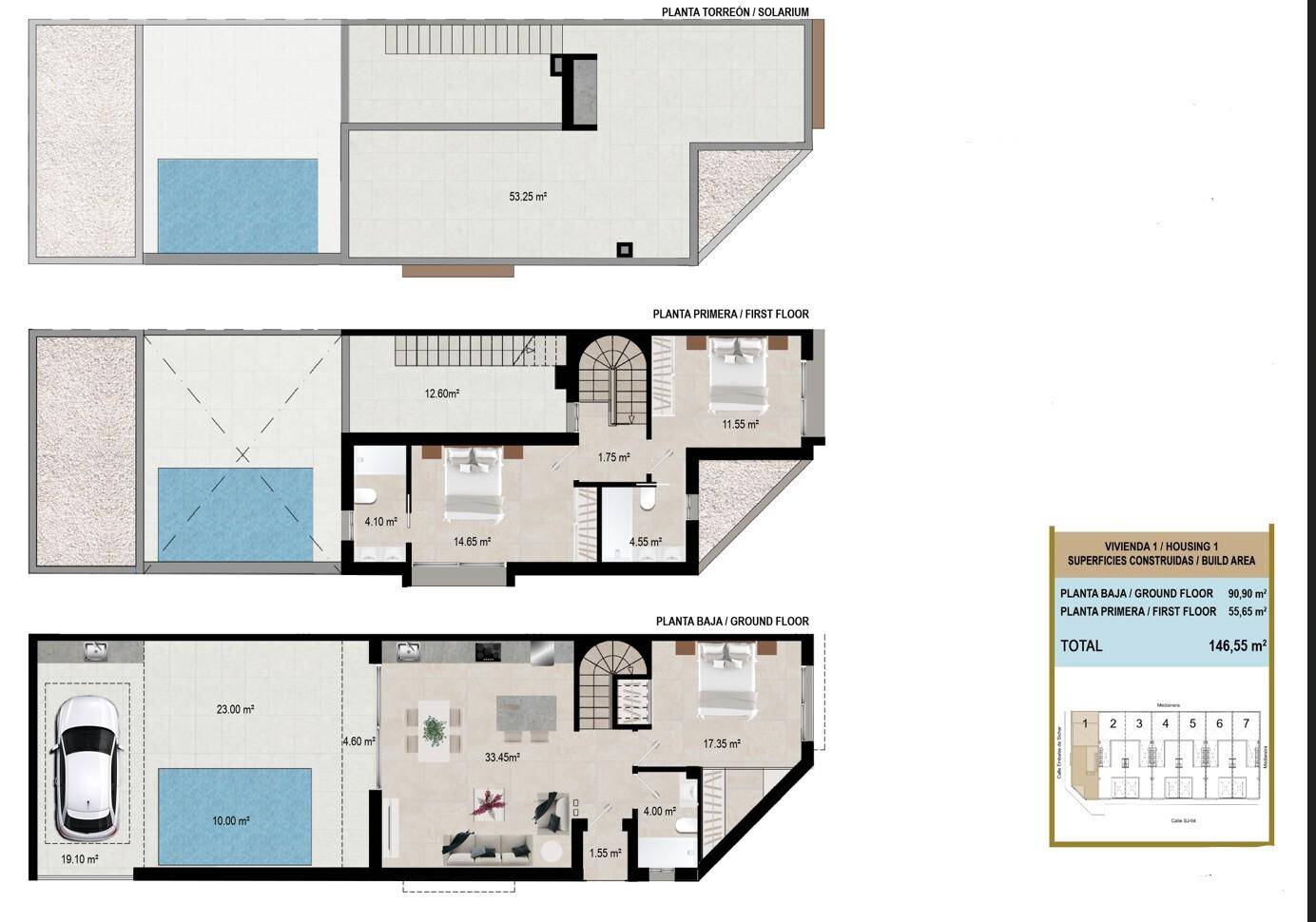 Grundriss für Haus 1 mit drei Etagen, privatem Pool und integriertem Parkplatz.