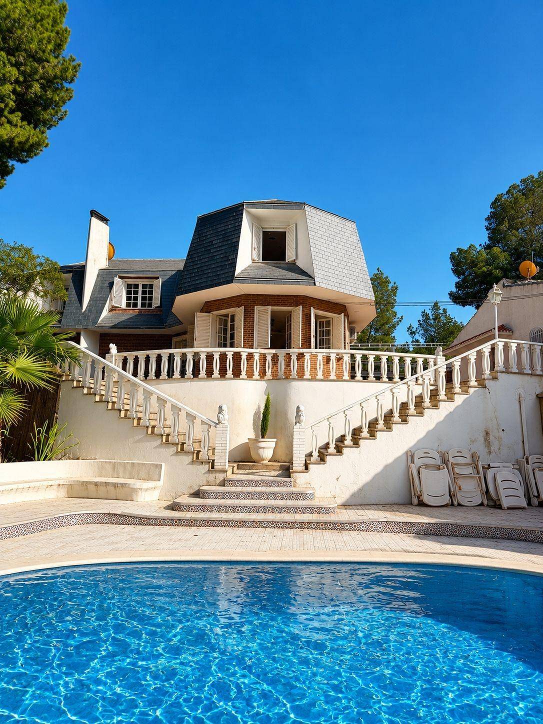 Weitläufiger Außenbereich mit einem runden Pool und der Villa, umgeben von üppiger Vegetation und klarem Himmel.