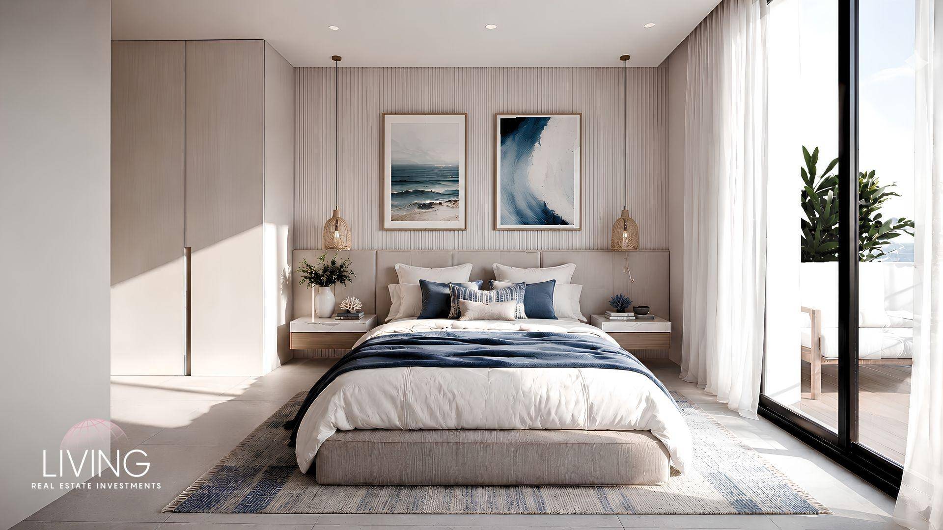 Elegantes Schlafzimmer mit großem Bett, Einbauschränken und Zugang zu einem sonnigen Außenbereich.