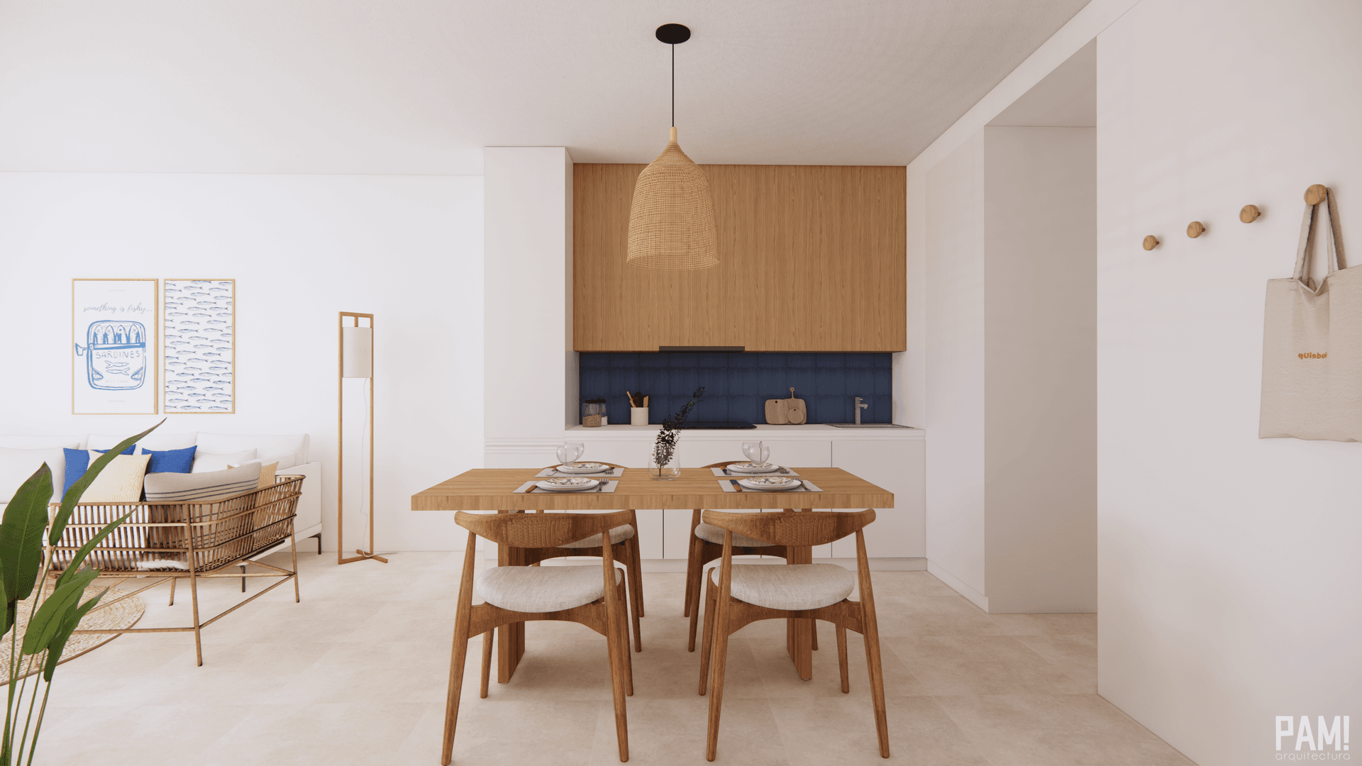 Offener Wohn-Essbereich mit integrierter Küche, Holzakzenten und Rattanlampe.