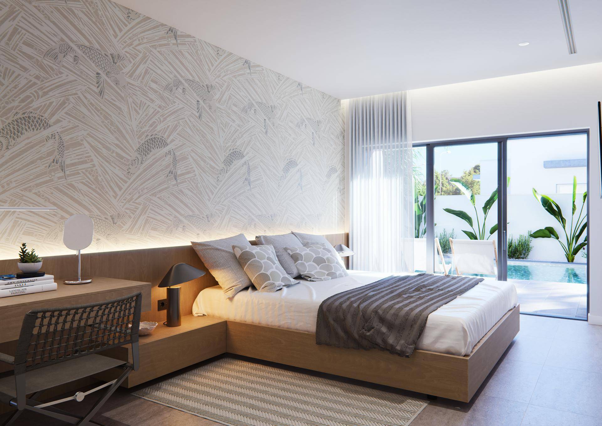 Helles Schlafzimmer mit großem Bett, modernem Dekor und direktem Zugang zum Poolbereich.