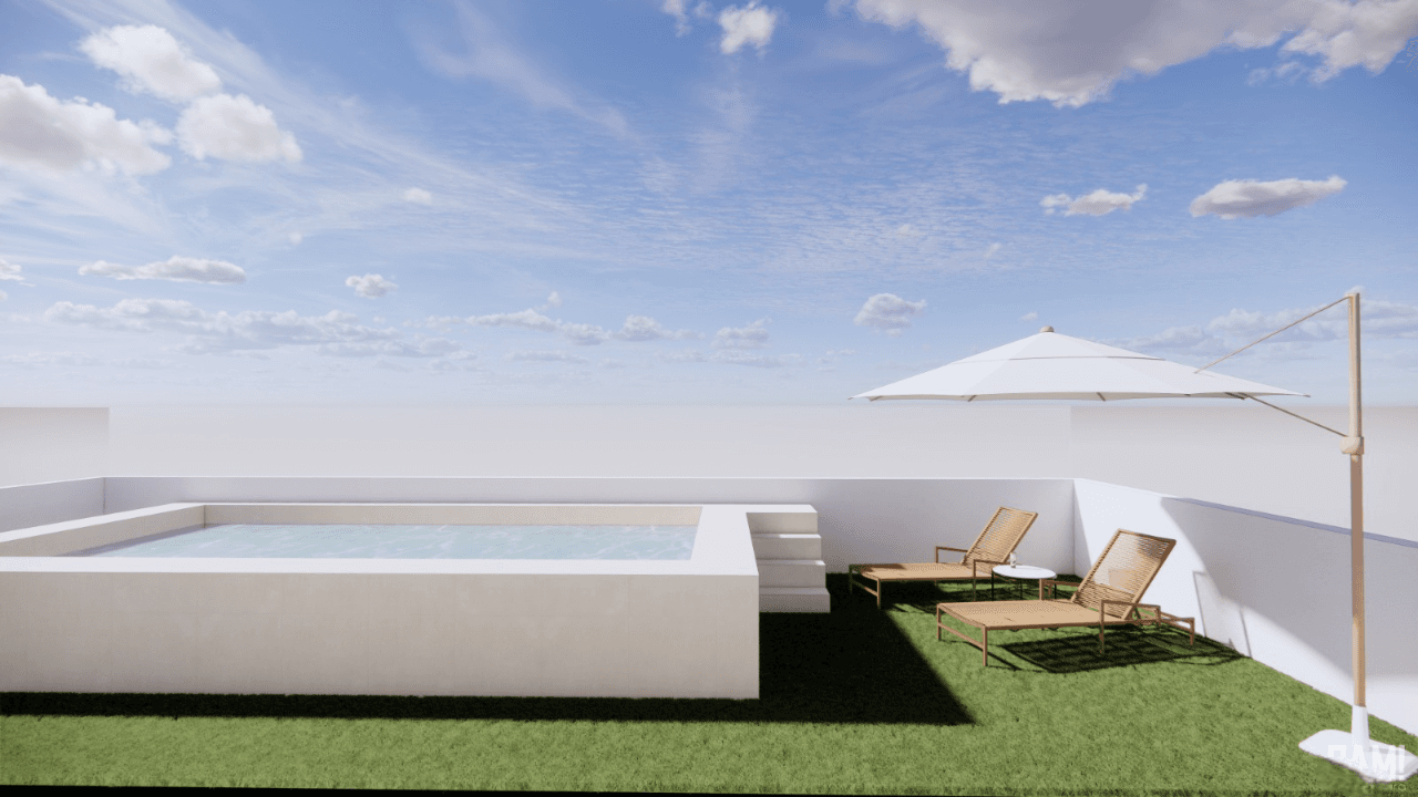 Dachterrasse mit kleinem Pool, Liegestühlen und Sonnenschirm.