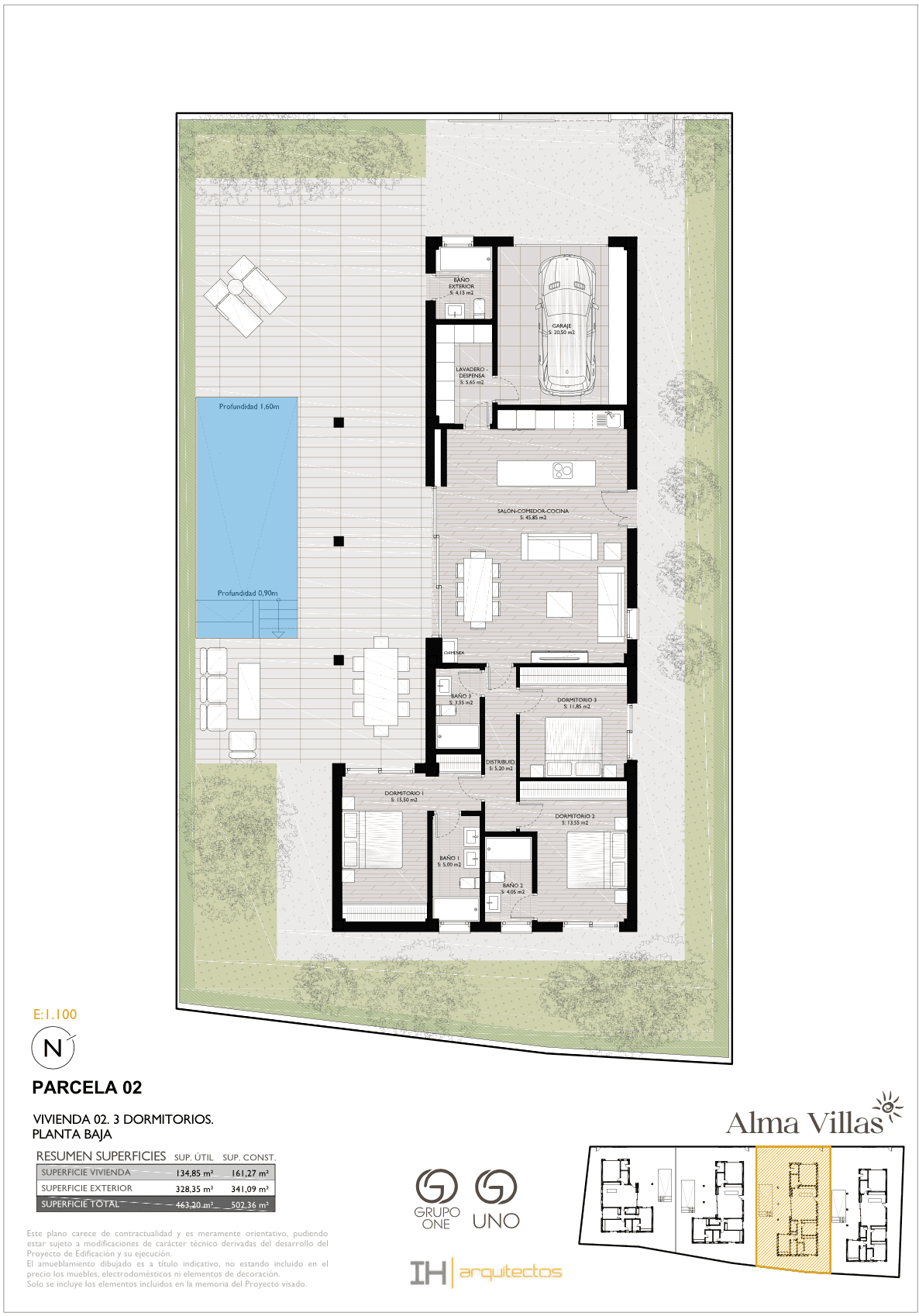 Detaillierter Grundriss der Erdgeschosswohnung mit Pool, Terrasse und Garage.
