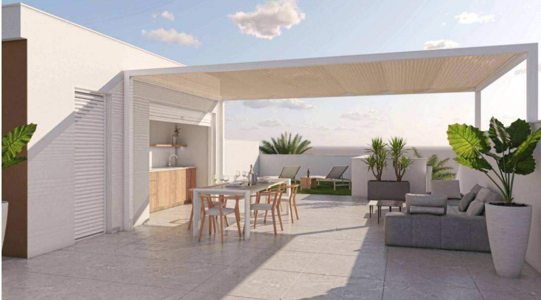 Geräumige Dachterrasse mit Essbereich, Lounge-Möbeln und Meerblick unter einer Pergola.