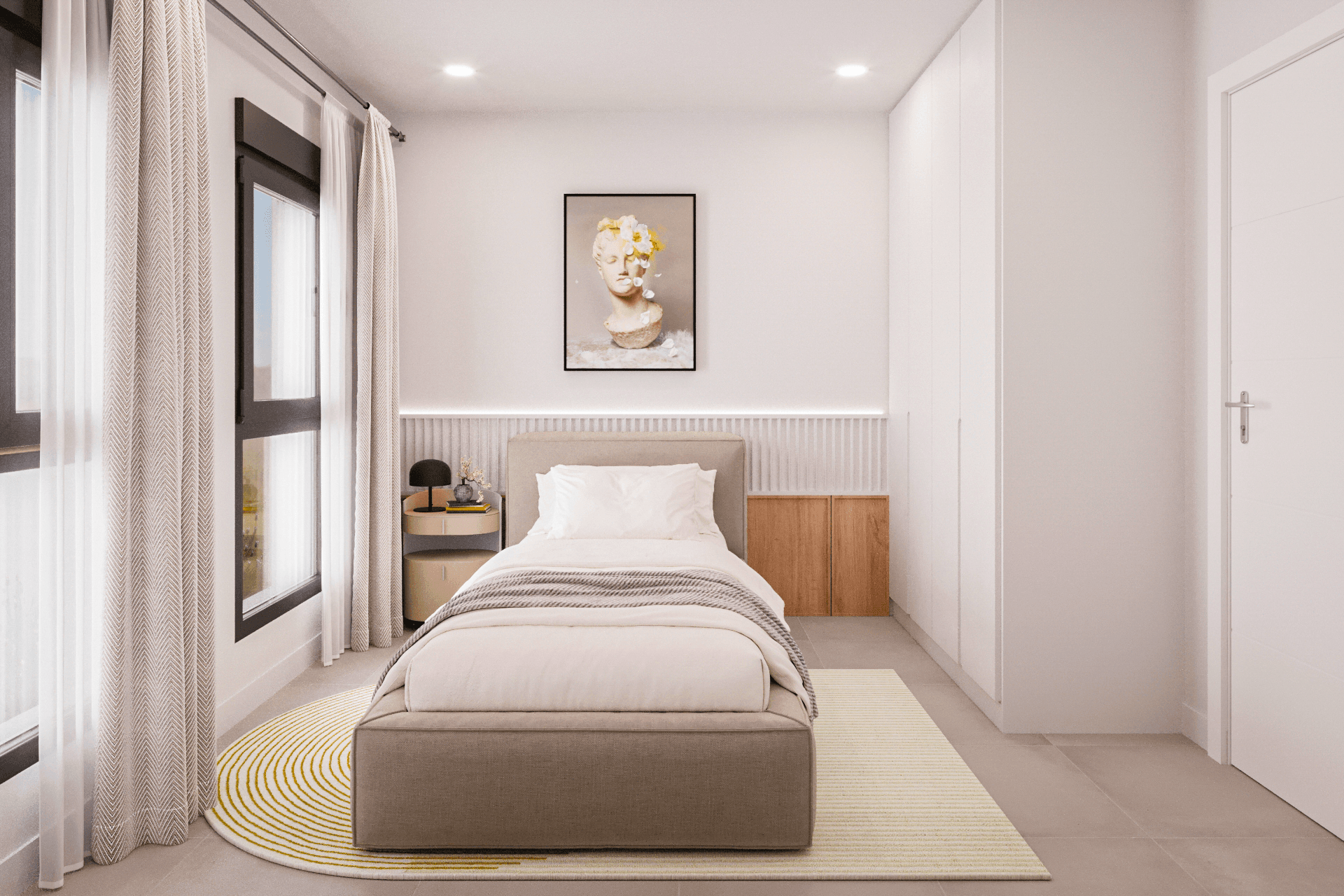 Helles Schlafzimmer mit Einzelbett, Einbauschränken, modernen Kunstwerken und großen Fenstern.