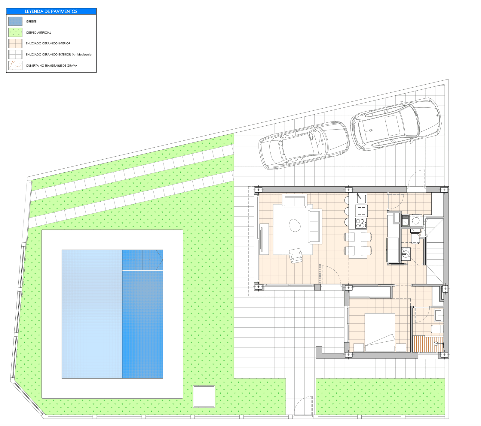 Grundriss des Erdgeschosses mit Legende für Bodenbeläge, Pool und Gartenbereich.