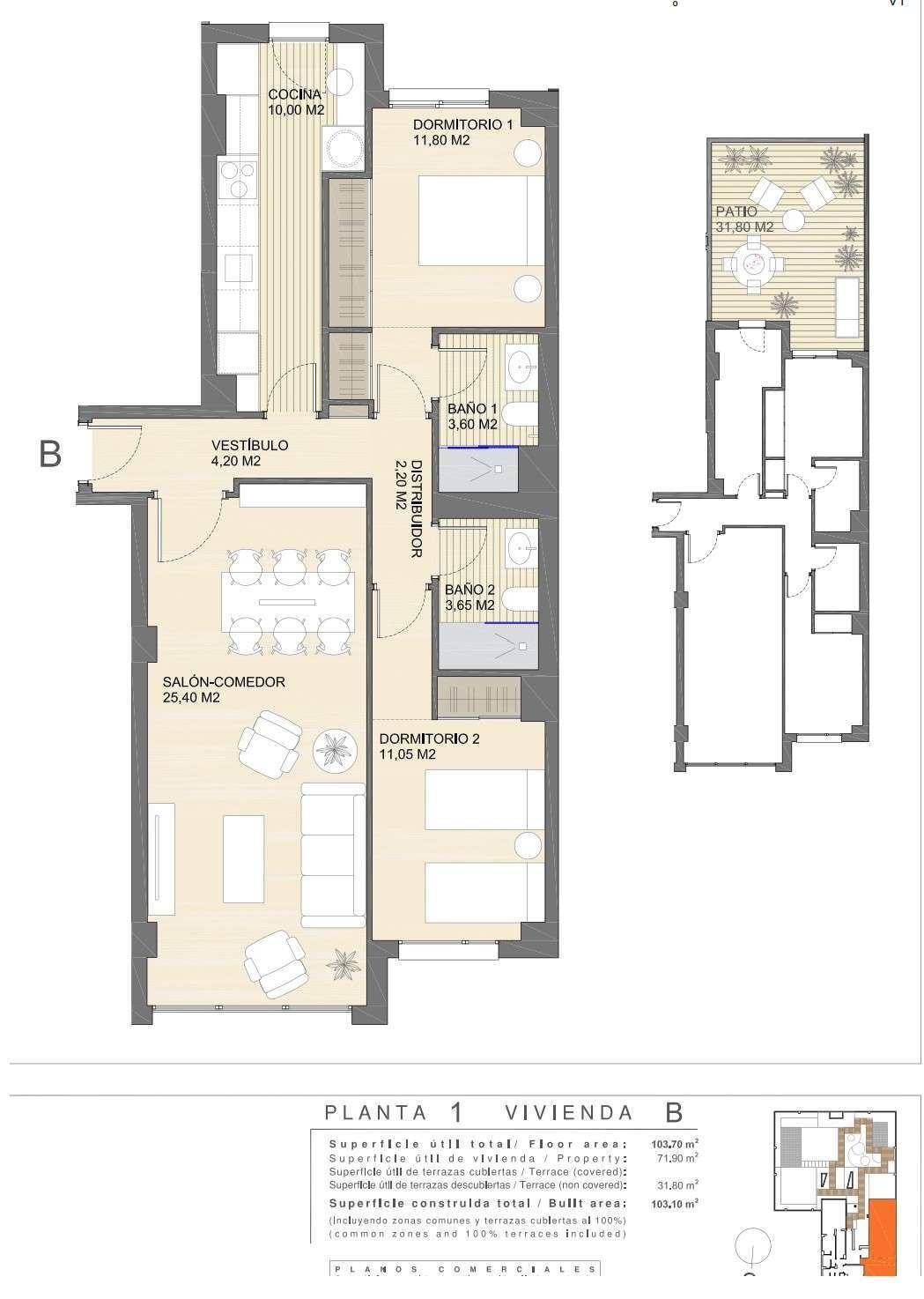 Detaillierter Grundriss einer Wohnung mit zwei Schlafzimmern, zwei Bädern und Terrasse.