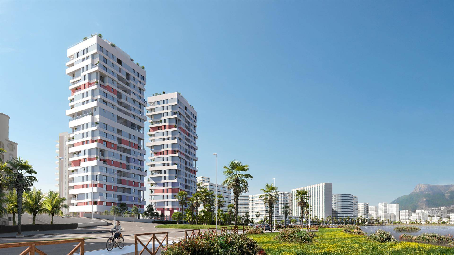 Visualisierung der Wohngebäude in Küstennähe mit Blick auf die Stadt und das Meer.