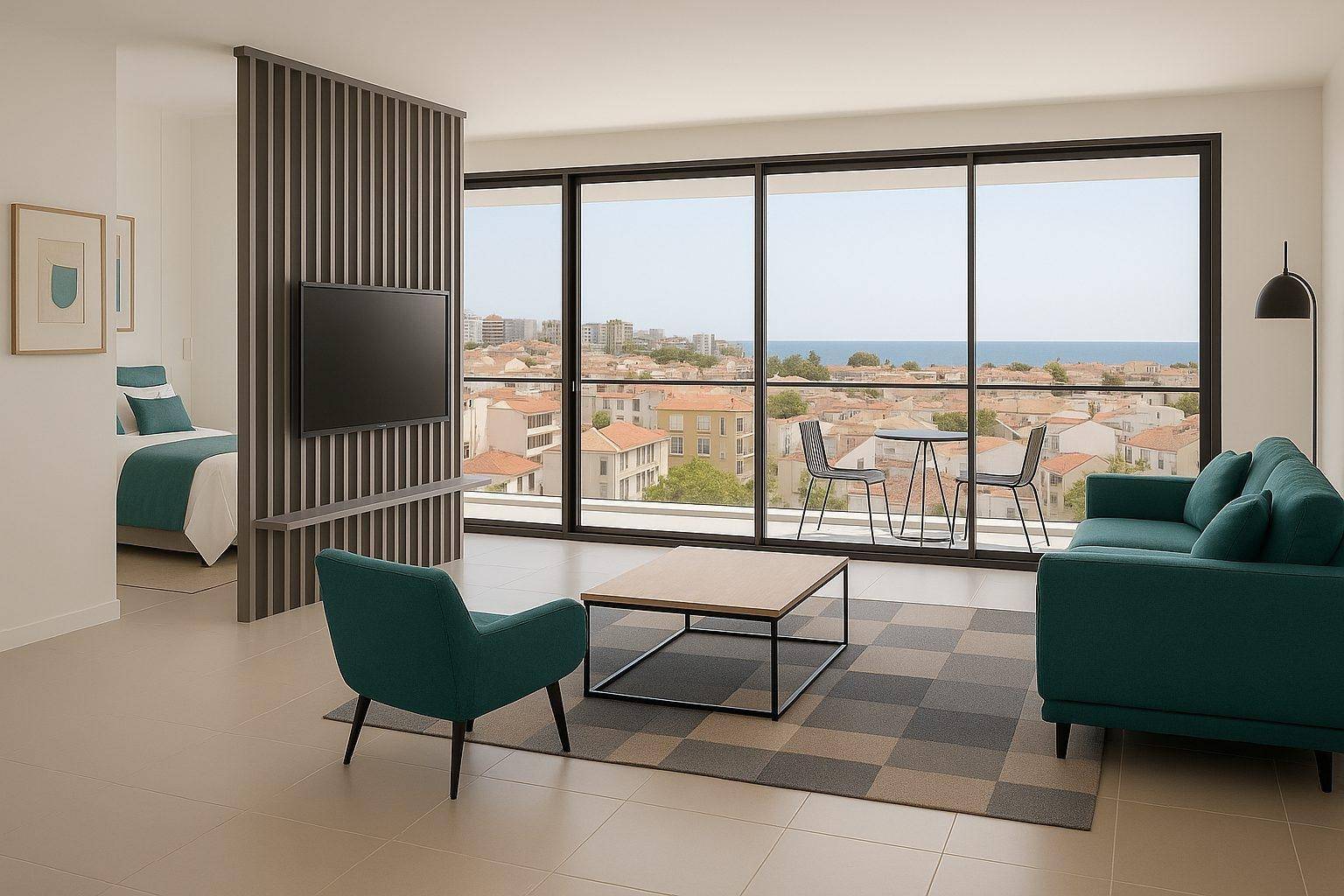 Helles Wohnzimmer mit Meerblick, großen Fenstern und einem modernen Raumteiler zum Schlafbereich.