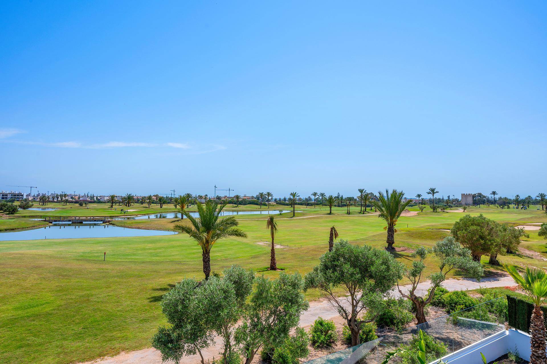 Panoramablick auf den grünen Golfplatz mit Palmen und weitläufiger Landschaft unter blauem Himmel.