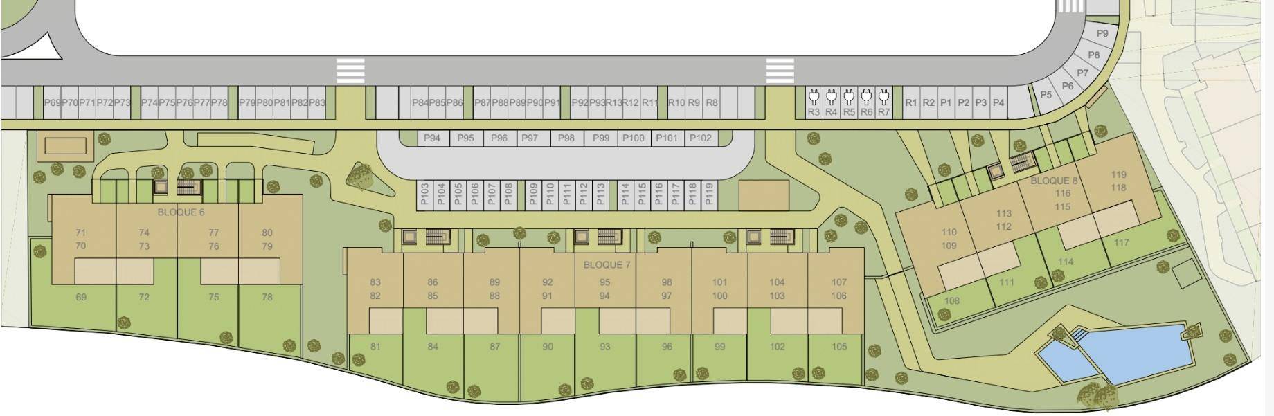 Übersichtsplan des Wohnkomplexes mit Gebäuden, Parkplätzen und Poolbereich.
