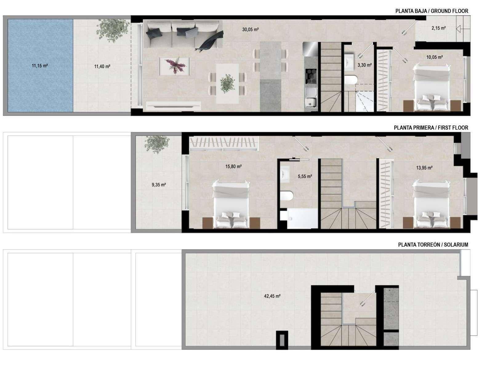 Mehrgeschossiger Grundrissplan mit Wohnbereichen, Schlafzimmern und Außenbereichen.