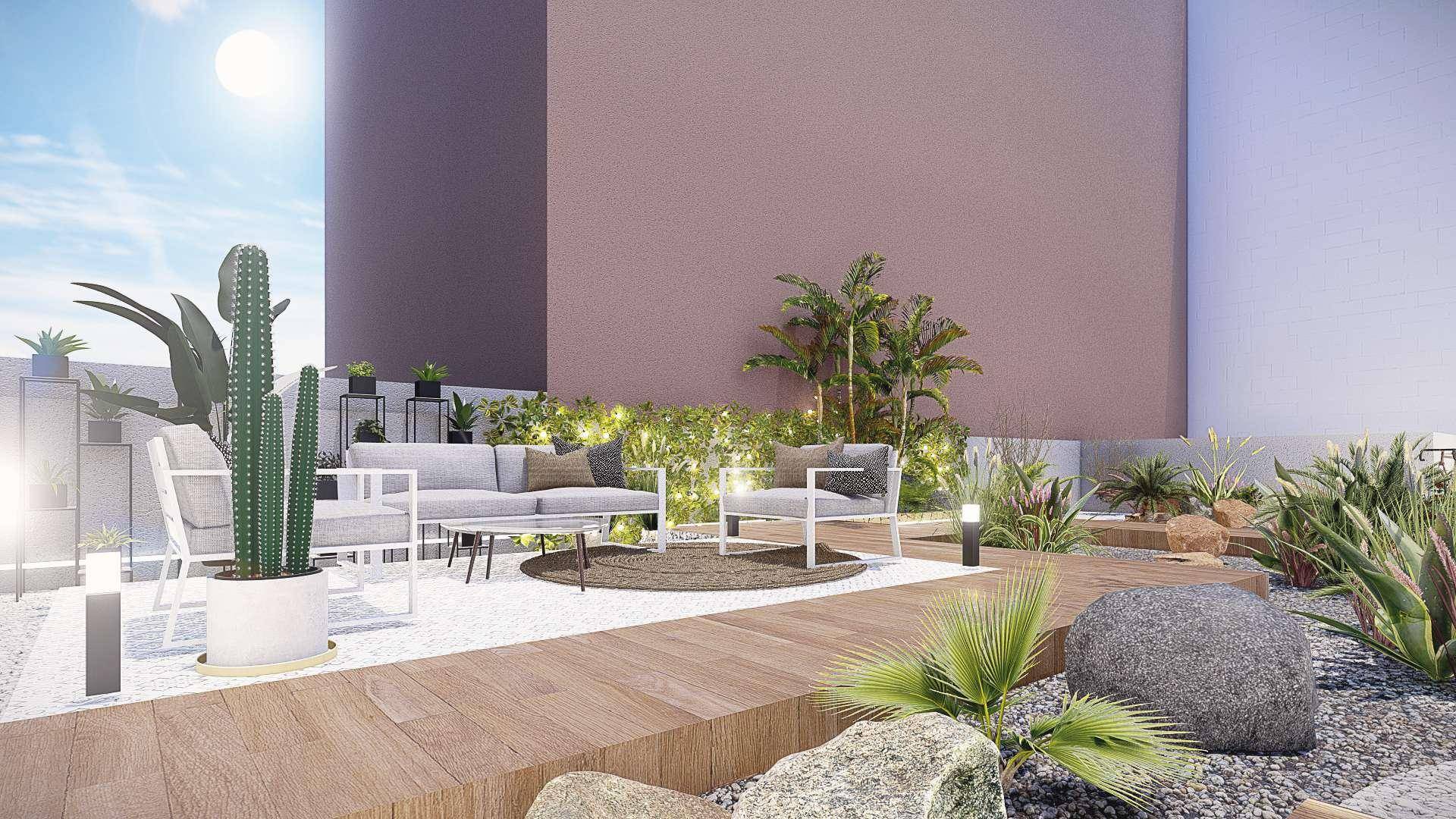 Moderne Dachterrasse mit Lounge-Möbeln, Holzdeck und mediterraner Bepflanzung.