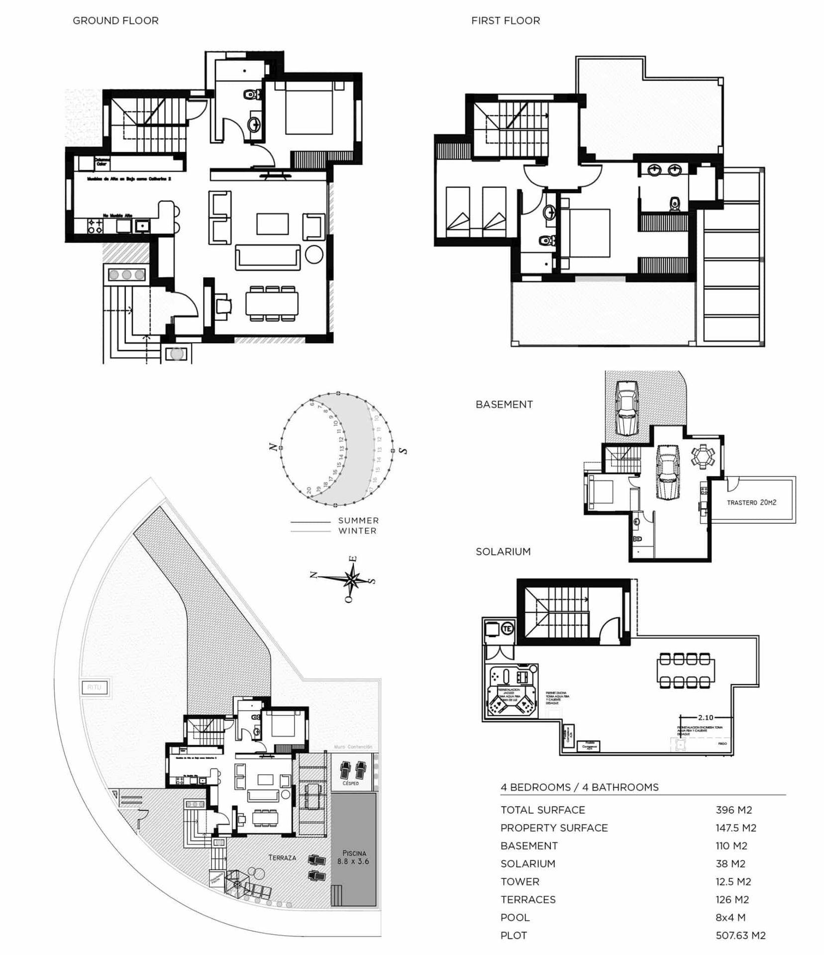 Detaillierter Grundrissplan des Hauses mit Erdgeschoss, Obergeschoss, Keller und Solarium.