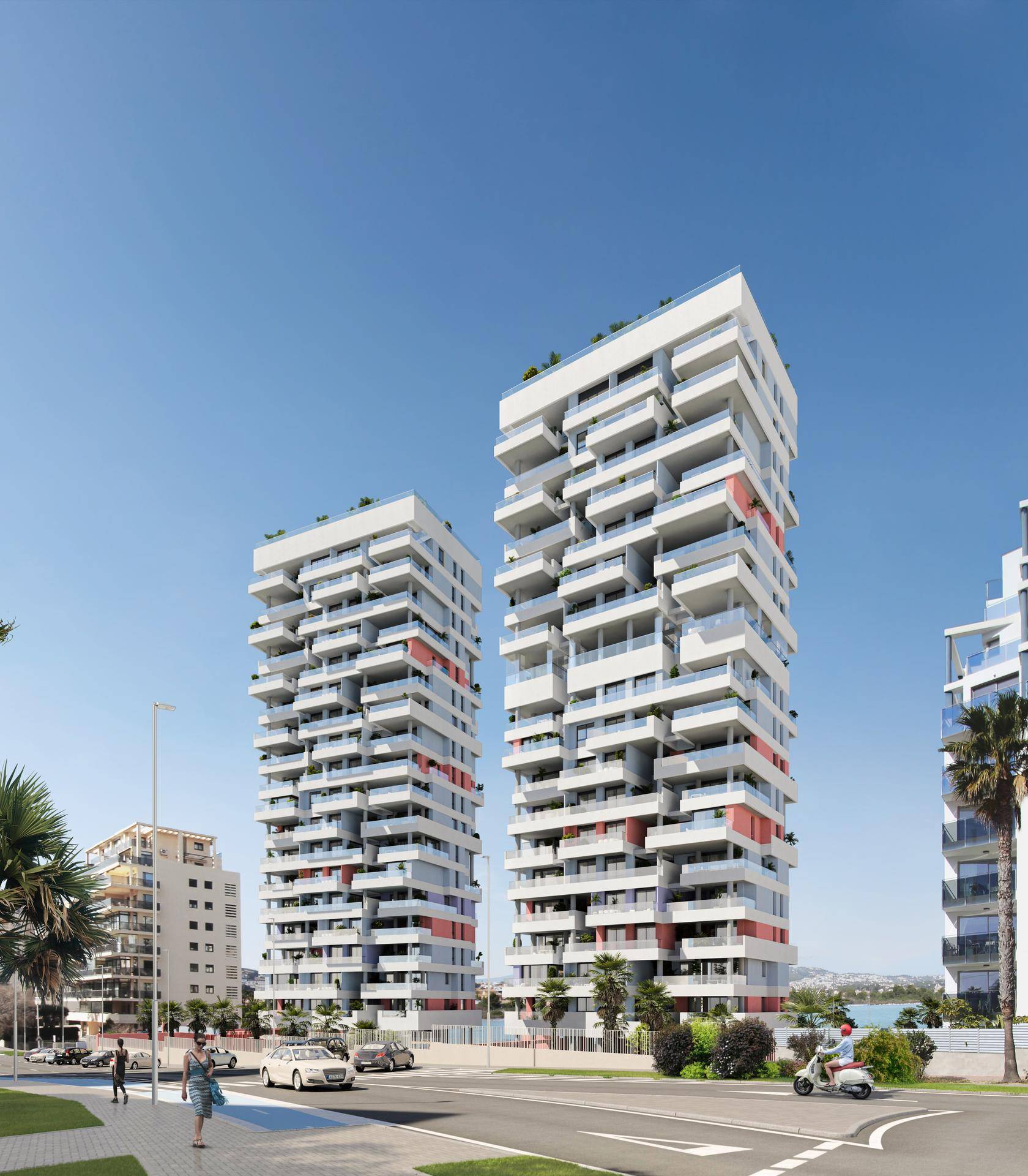 Visualisierung der modernen Architektur der beiden Hochhäuser mit vielen Balkonen.
