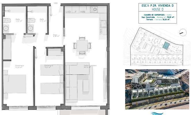 Grundriss einer Wohnung mit zwei Schlafzimmern, zwei Bädern und offener Küche.
