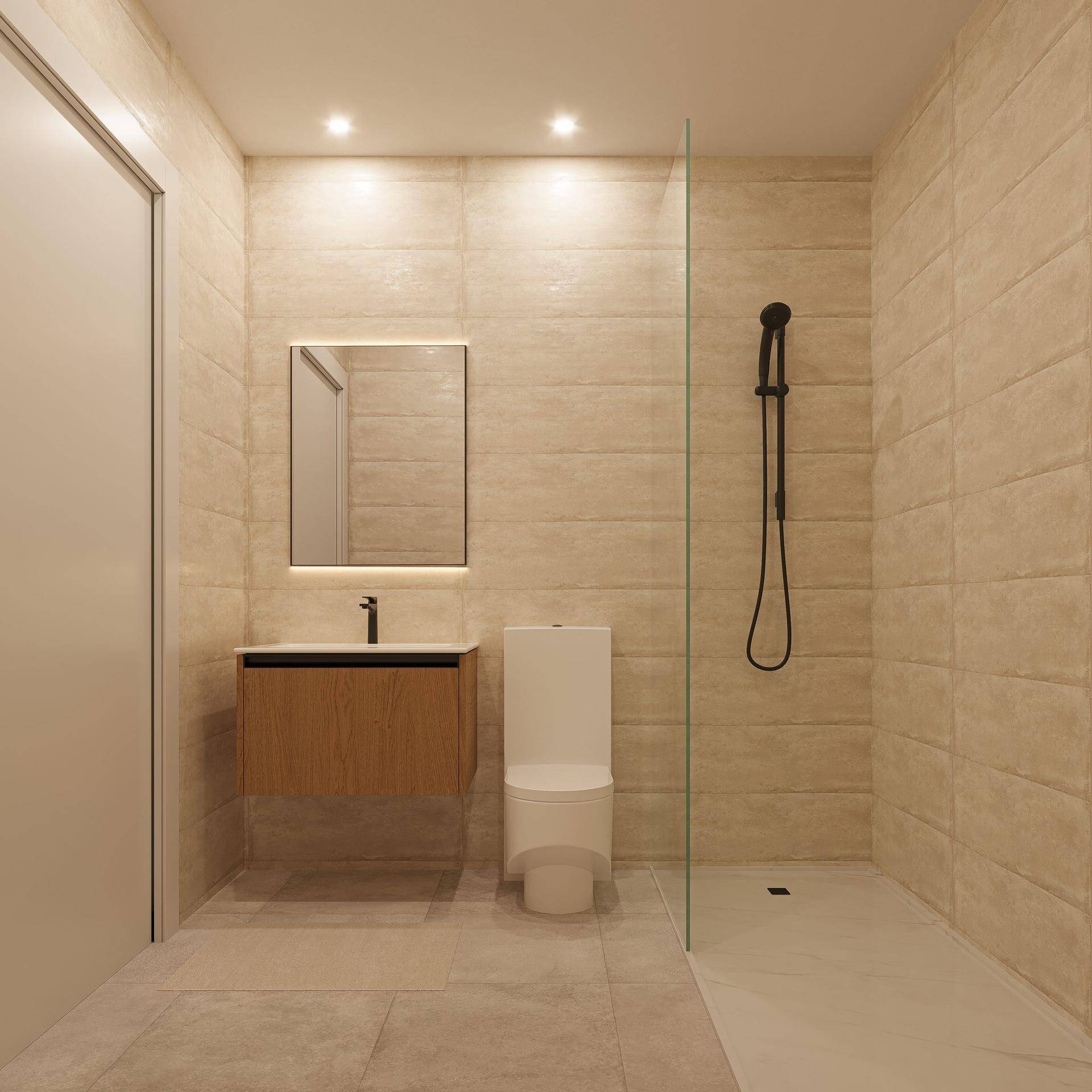 Modernes Badezimmer mit begehbarer Dusche, Wand-WC, Holzwaschtisch und beigefarbenen Fliesen.