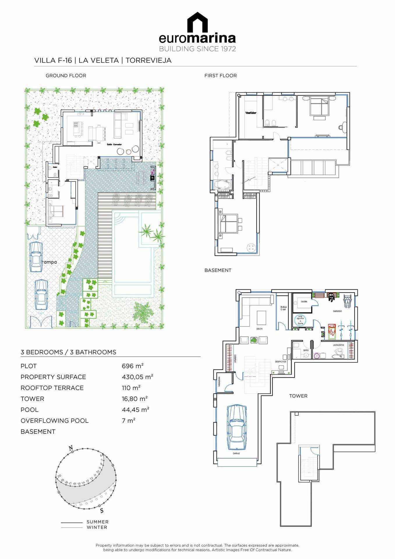 Detaillierter Grundriss der Villa mit Erdgeschoss, Obergeschoss und Keller.