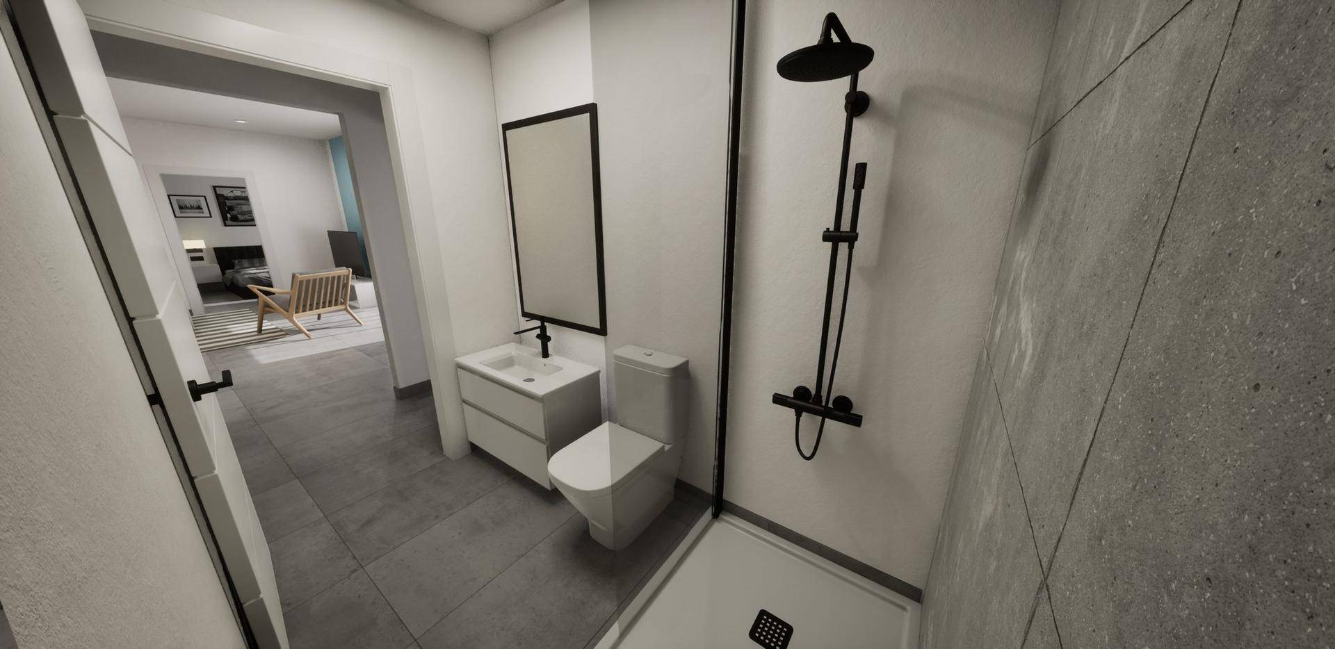 Modernes Badezimmer mit ebenerdiger Dusche, WC und Waschbecken.