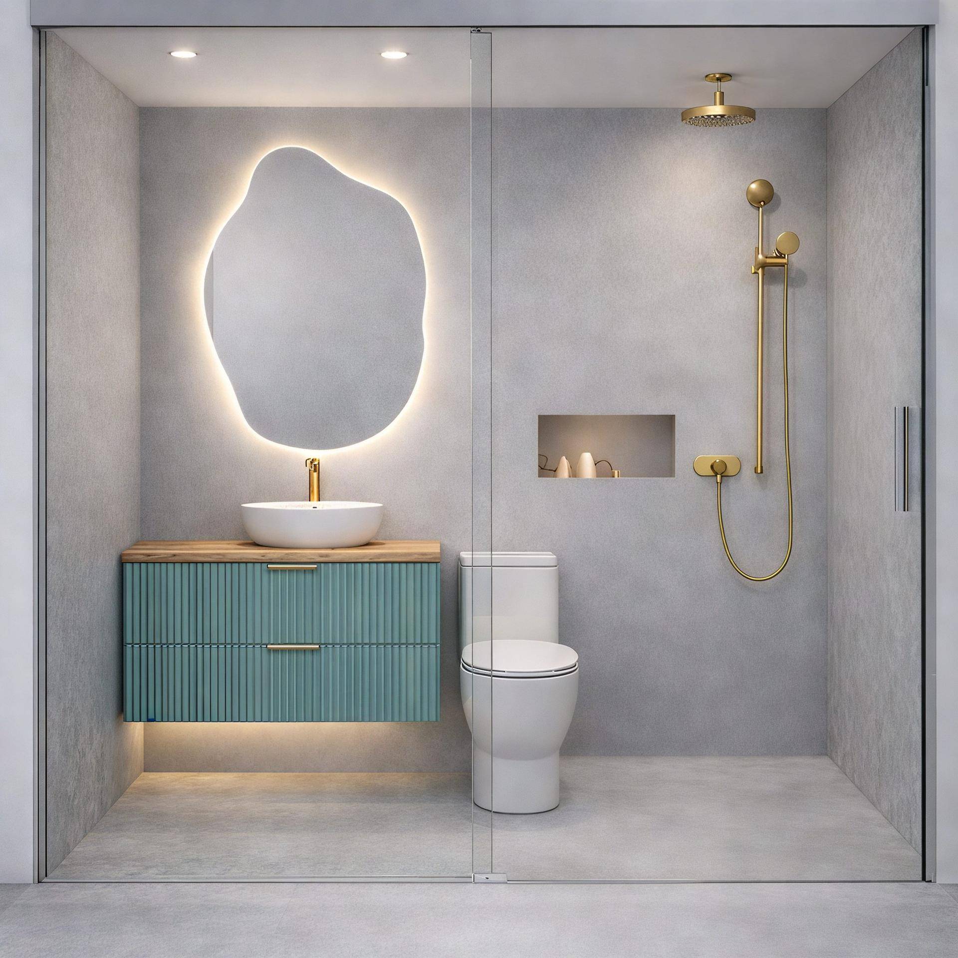 Stilvolles Badezimmer mit begehbarer Dusche, türkisem Waschtisch und beleuchtetem organischem Spiegel.