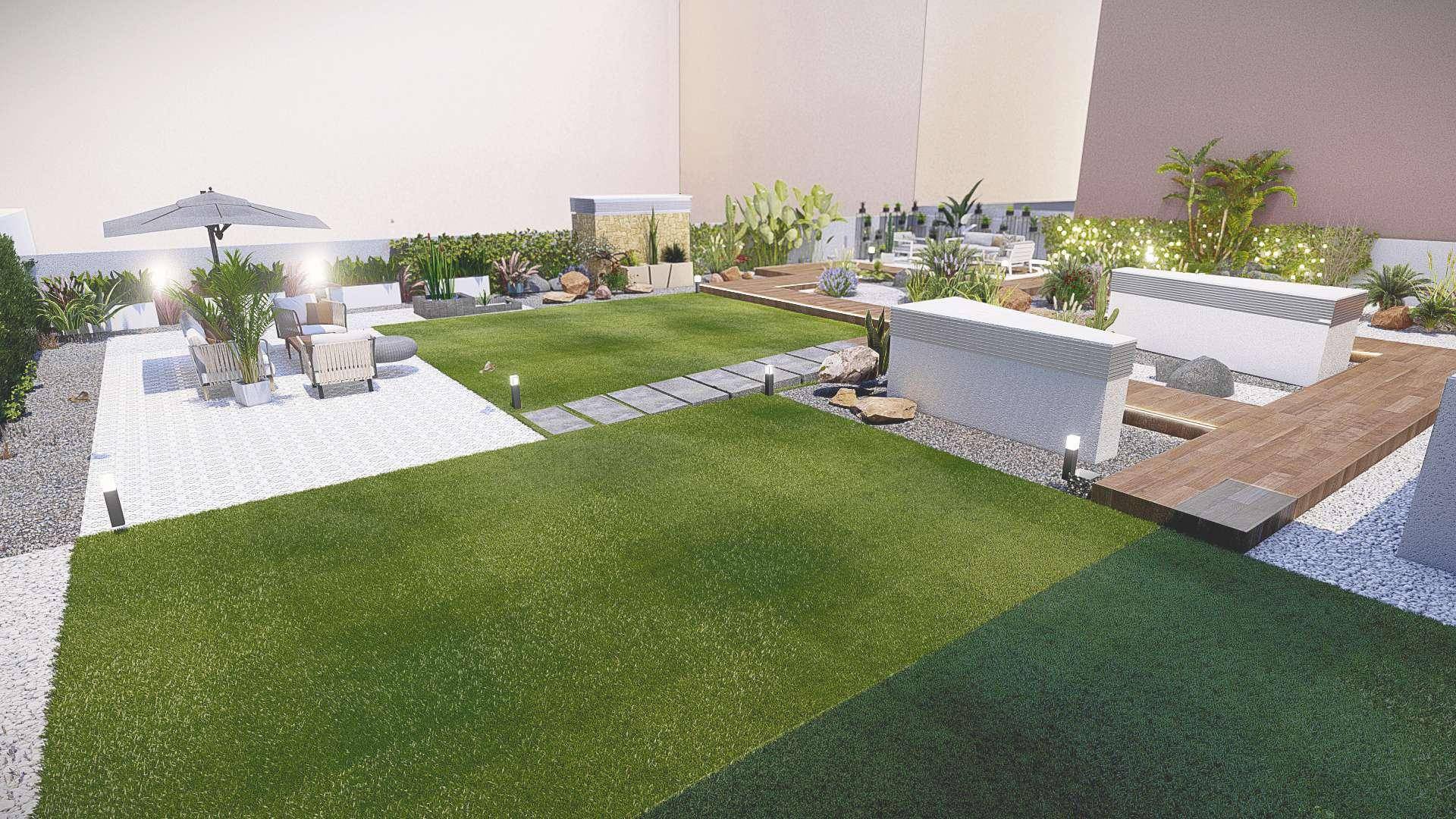 Weitläufige Dachgartenlandschaft mit Rasenflächen, Holzstegen und verschiedenen Pflanzenzonen.
