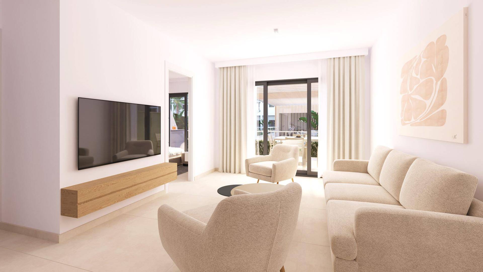 Helles Wohnzimmer mit bequemen Sofas, modernem TV-Möbel und Zugang zu einem Außenbereich.