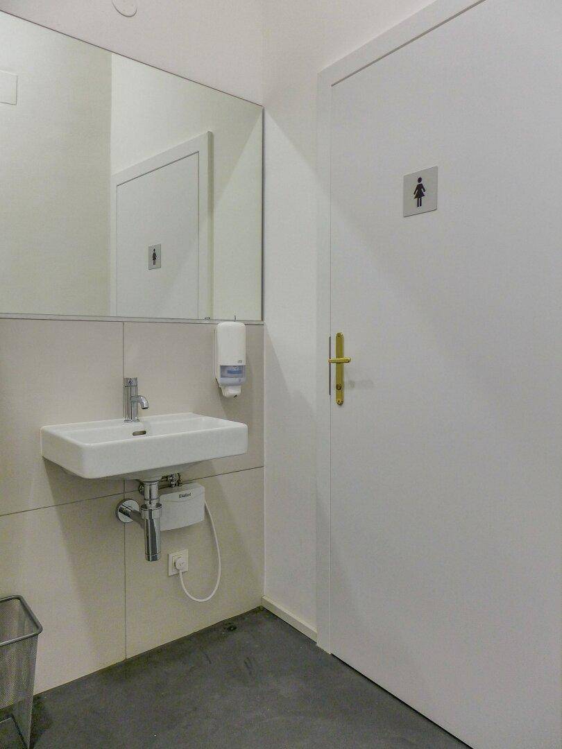 Modernes Gäste-WC mit wandmontiertem Waschbecken, großem Spiegel und weißer Tür mit Piktogramm.