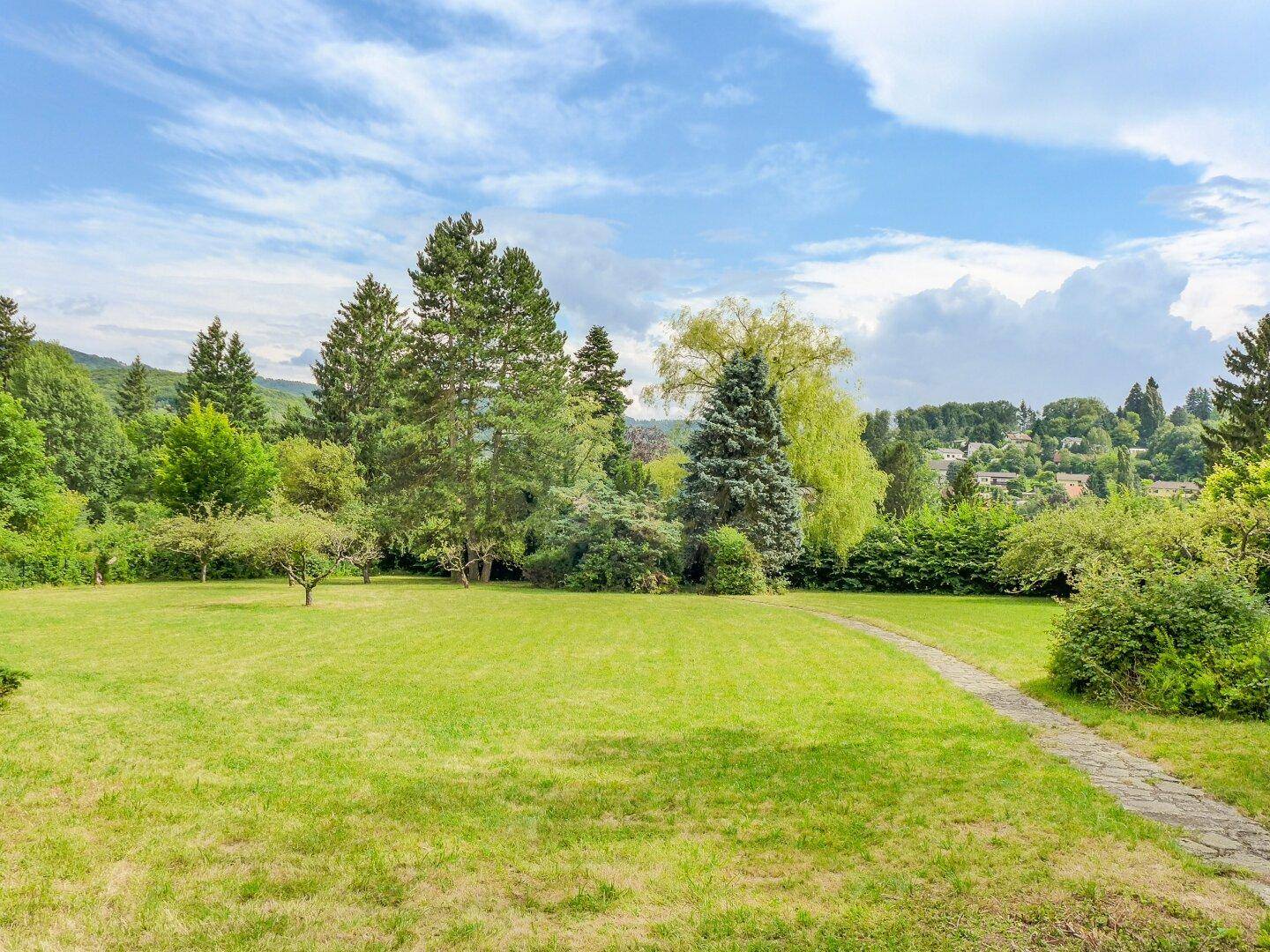 Ausgedehnte Rasenfläche mit hohen Bäumen und einem Natursteinweg, der durch die Landschaft führt.