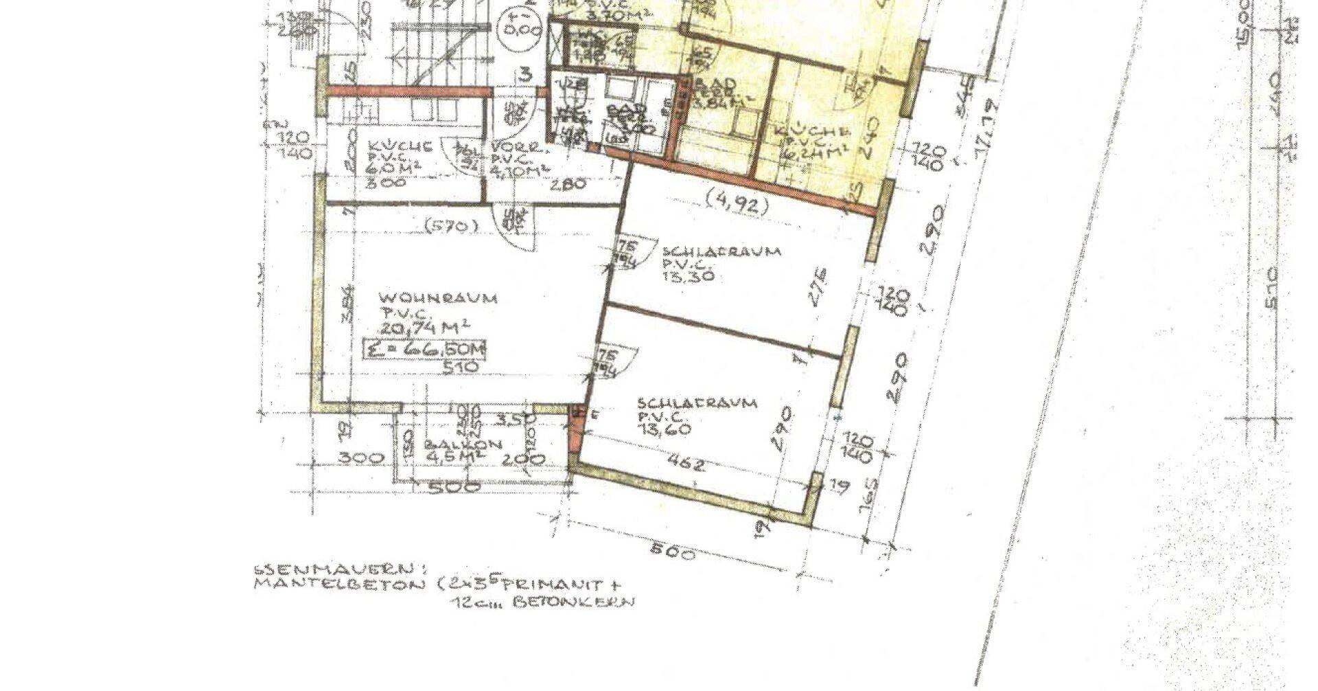 Handgezeichneter Grundriss mit Raumaufteilung und Maßen für eine Wohnung.