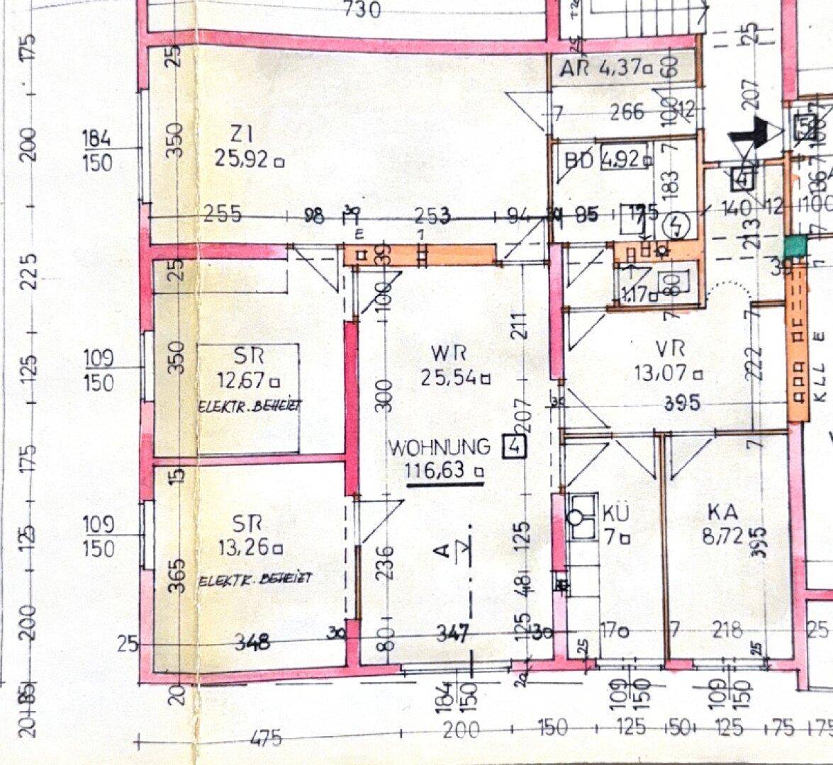 Detaillierter Grundriss einer Wohnung mit mehreren Zimmern und Flächenangaben in Quadratmetern.