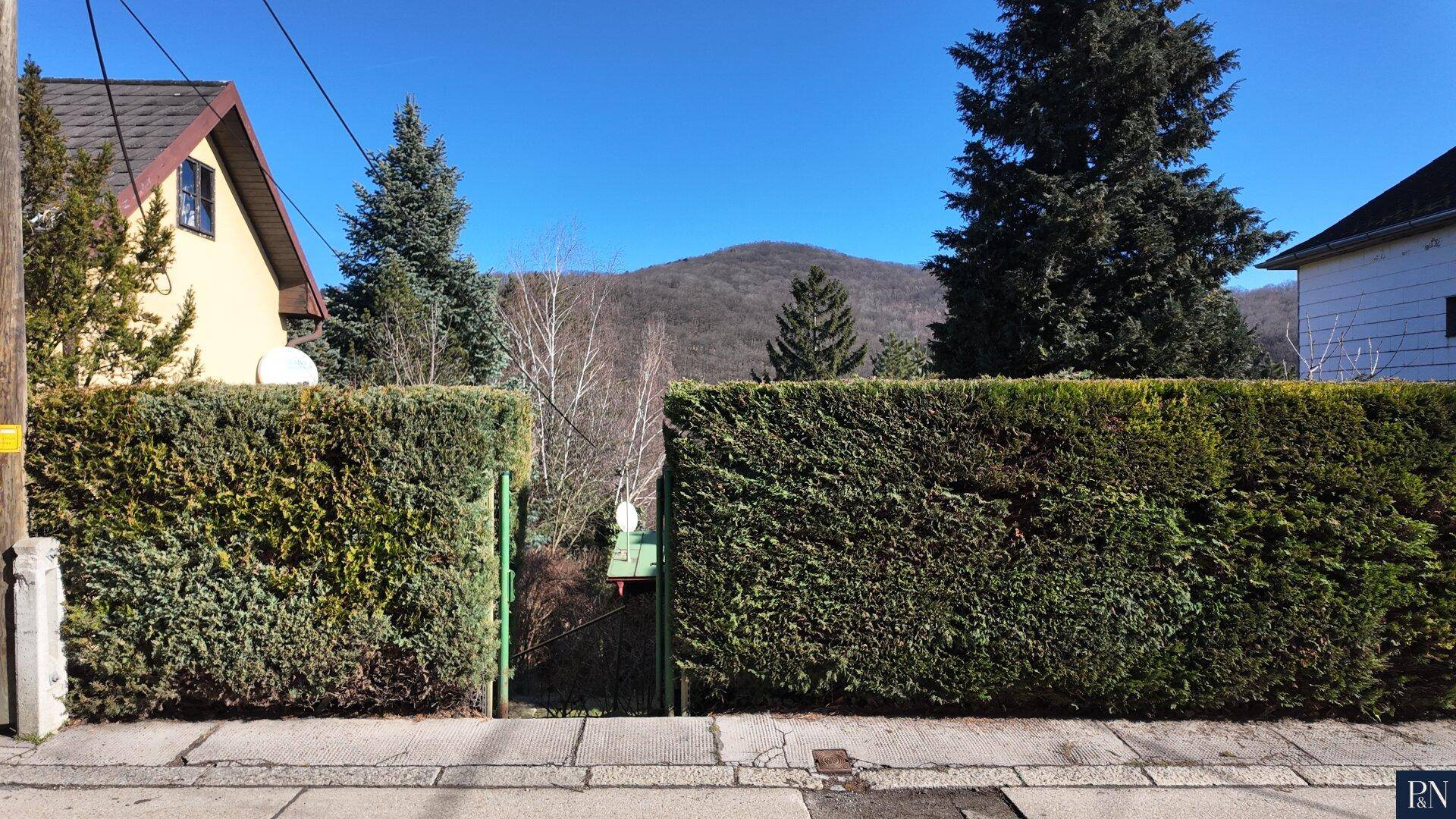 Blick von der Straße auf eine Hecke mit Tor und dahinterliegende Berge.