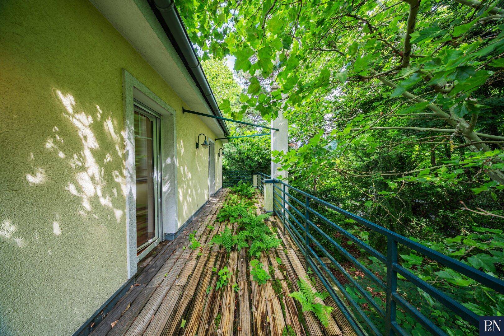 Schmaler Holzbalkon mit Metallgeländer, umgeben von dichtem Baumbestand.