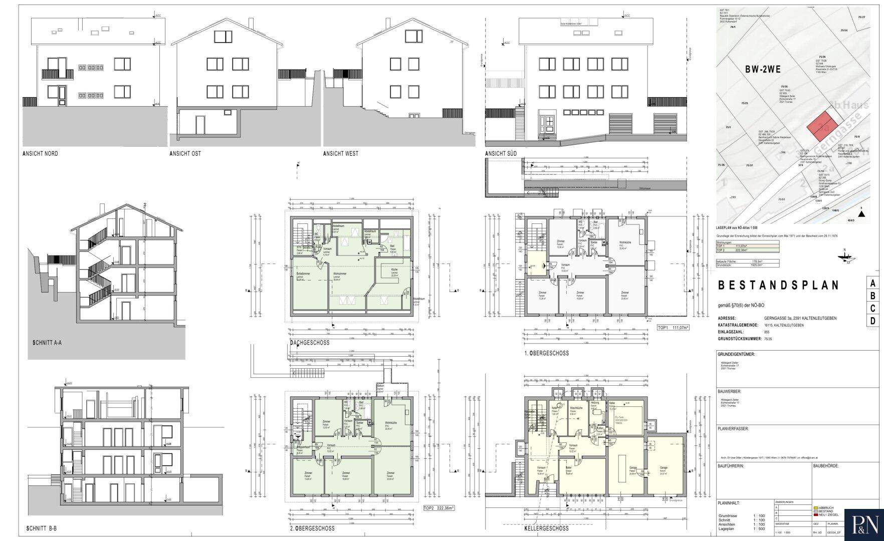 Detaillierter Bestandsplan eines Mehrfamilienhauses mit Grundrissen, Schnitten und Ansichten der verschiedenen Stockwerke.