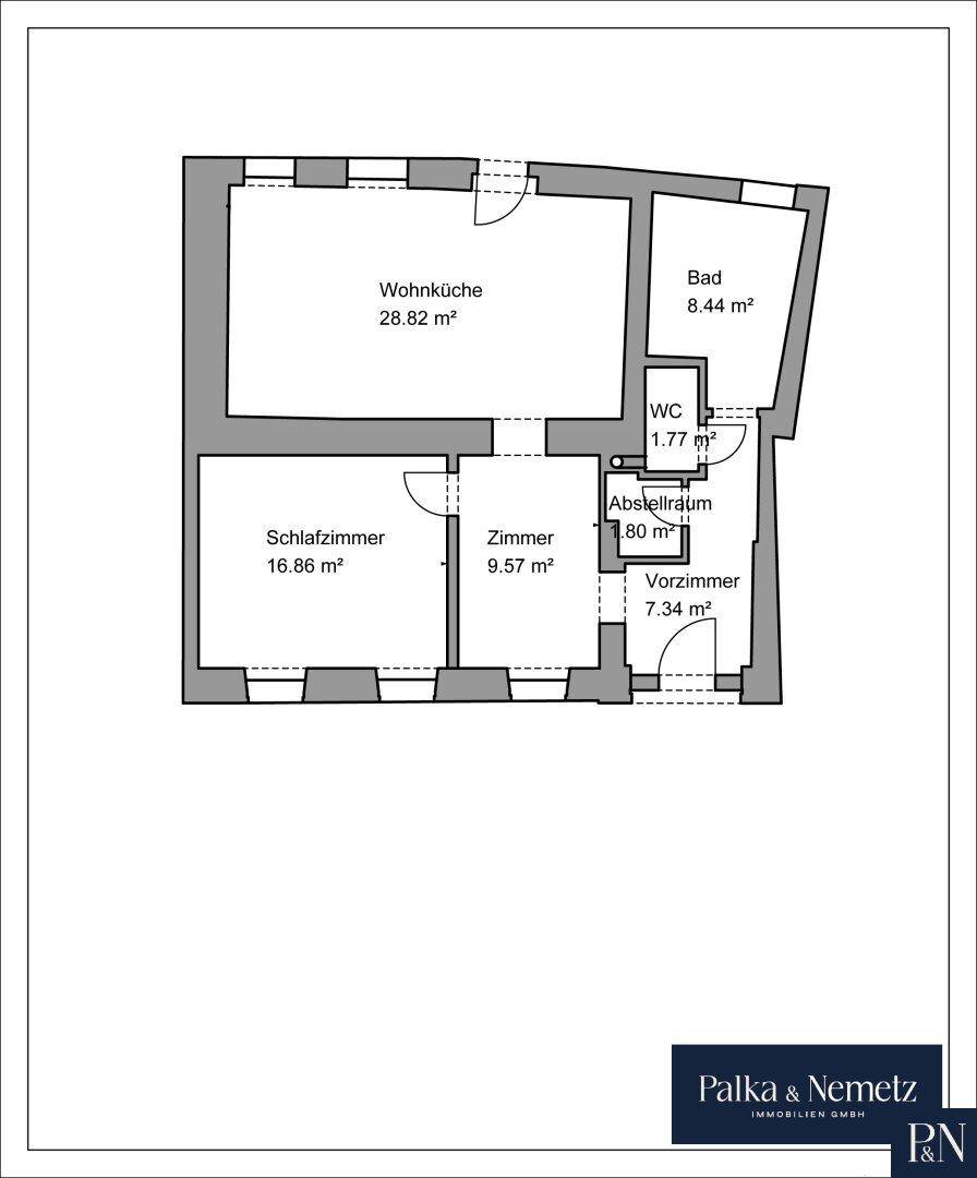 Grundriss einer Wohnung mit Wohnküche, Schlafzimmer, Zimmer, Bad, WC und Abstellraum.