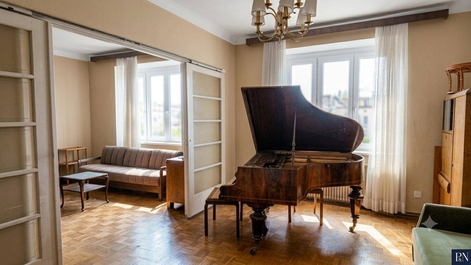 Lichtdurchflutetes Wohnzimmer mit Holzboden, Flügel und Schiebetüren zum Nebenraum.
