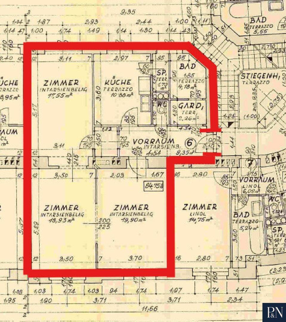 Grundriss einer Wohnung mit mehreren Zimmern, Küche und Bädern.