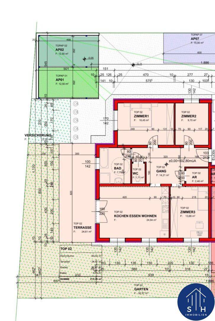 Detaillierter Grundriss mit Raumaufteilung, Terrasse und Gartenbereich.