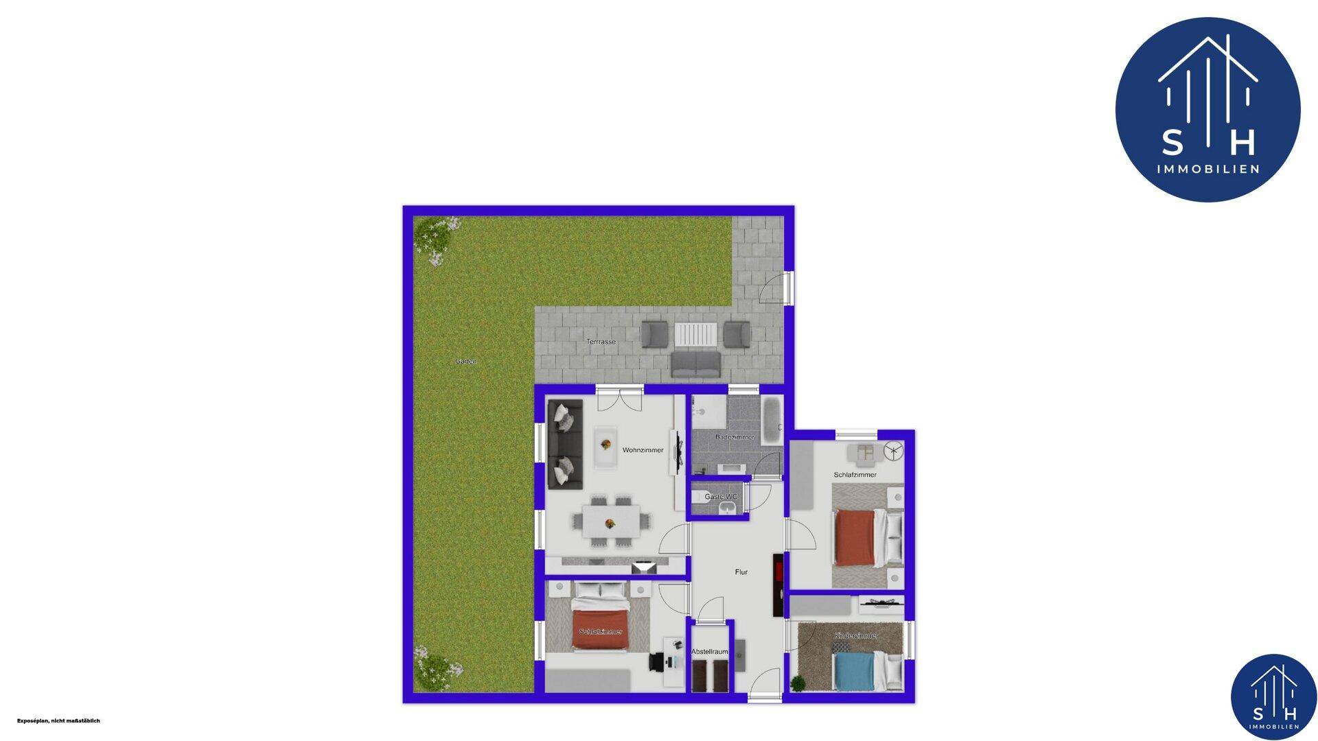 Übersichtlicher Grundriss mit Möblierungsvorschlägen, Garten und Terrasse.