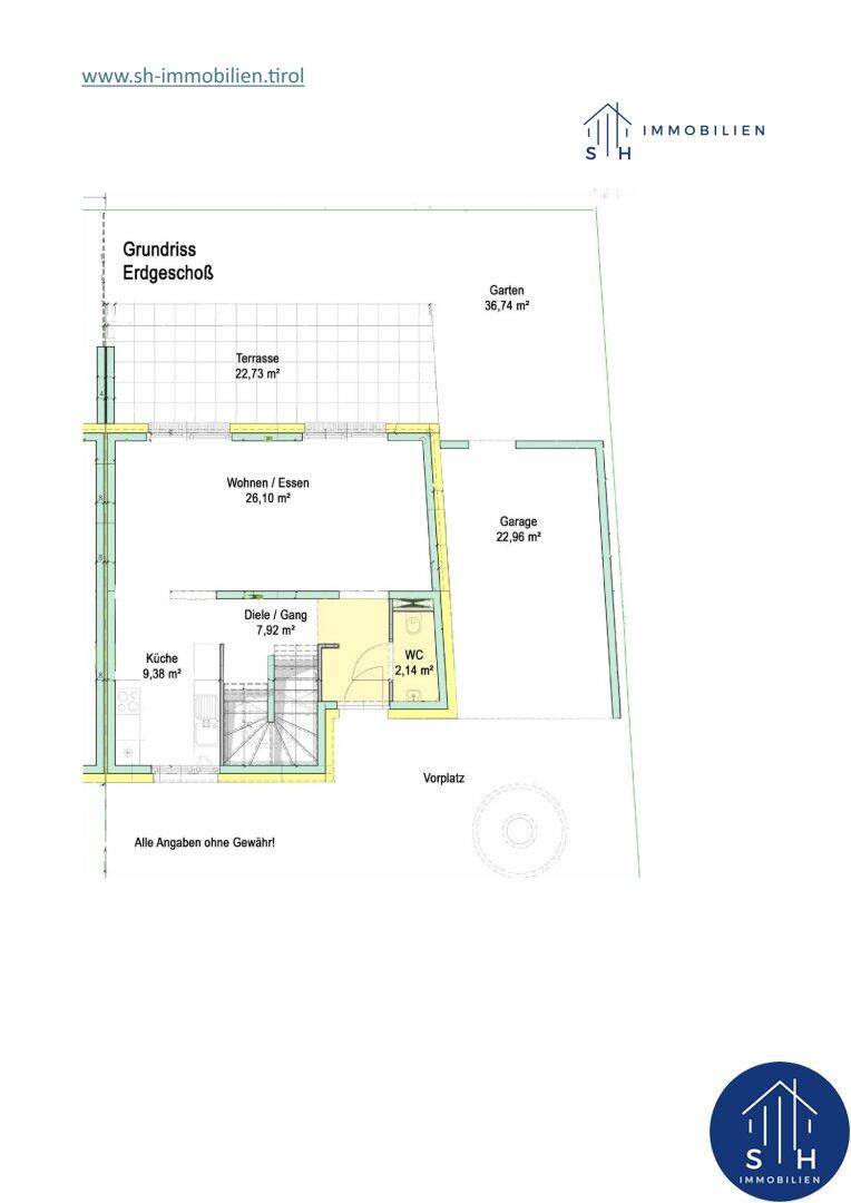 Grundriss des Erdgeschosses mit Wohn-/Essbereich, Küche, Terrasse und Garten.