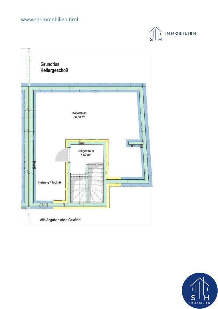 Grundriss des Kellergeschosses mit großem Kellerraum und Technikbereich.