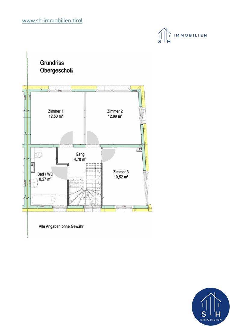 Grundriss des Obergeschosses mit drei Zimmern, Bad/WC und Flur.