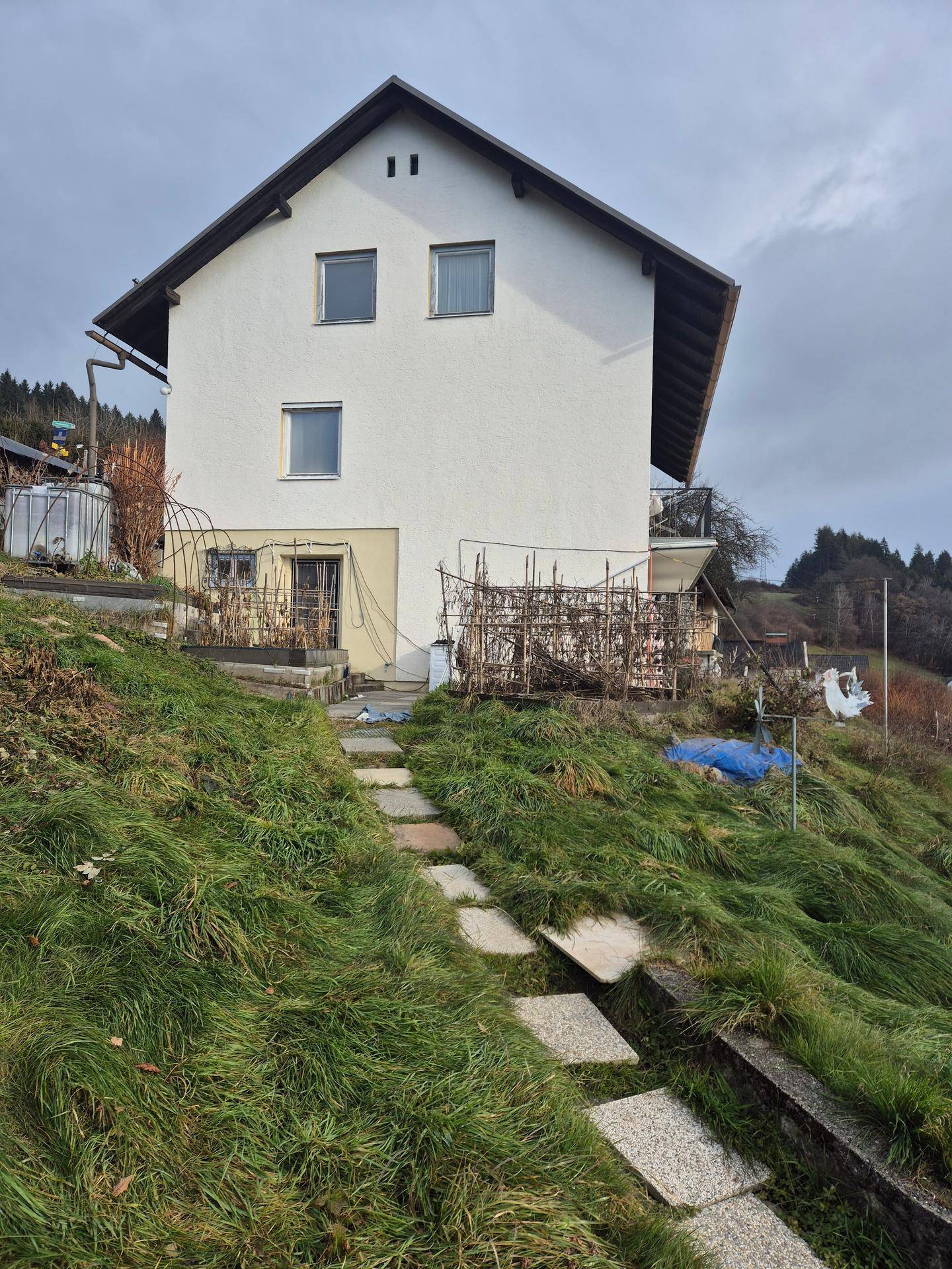 Seitenansicht des Hauses mit einem steinernen Pfad, der einen grasbewachsenen Hang hinaufführt.