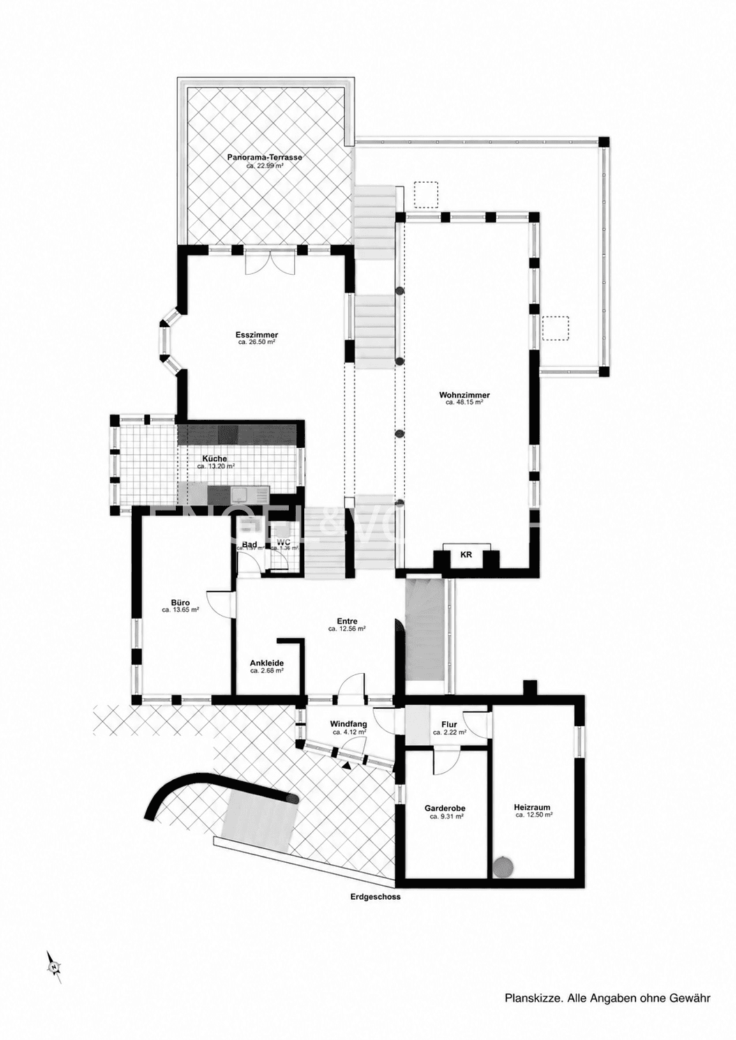 Grundriss des Erdgeschosses mit Esszimmer, Küche, Büro und Zugang zur Panorama-Terrasse.